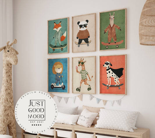 Skateboard Waldtiere Poster Kinderzimmer · Geschenkidee für Kinder · Dalmatiner Löwe Fuchs Lama Koala Bär · Deko Print ohne Rahmen-0