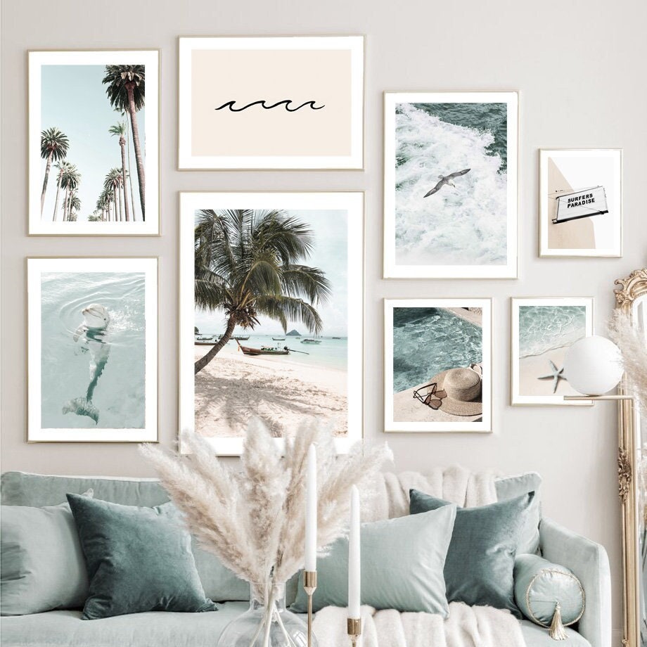 Poster Strand Wellen Meer Palmen Delfin Sonnenbrille Hut I Wandbilder Wohnzimmer & Schlafzimmer I Wand Deko I Kunst Druck I ohne Rahmen-0