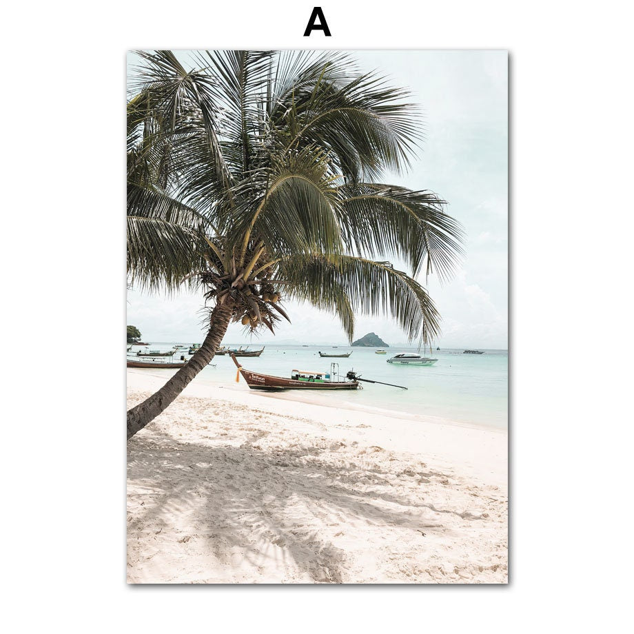 Poster Strand Wellen Meer Palmen Delfin Sonnenbrille Hut I Wandbilder Wohnzimmer & Schlafzimmer I Wand Deko I Kunst Druck I ohne Rahmen-1