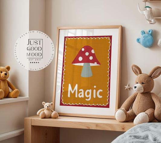 Poster Kinderzimmer Magic · Fliegenpilz Illustration · Magische Wanddeko in Retro Farben · Waldmotiv für Kinder · Dekoprint Ohne Rahmen-0
